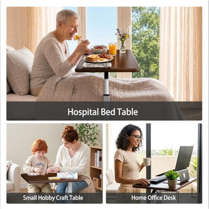 WOTURE Pneumatic Adjustable Overbed Bedside Table with Wheels - Hospital & Home Use, Medical Bed Table, Mobile Standing Desk, Rolling Laptop Cart, Non Tilt Surface(23.6" L x 15.7" W, Walnut) - color: Walnut
