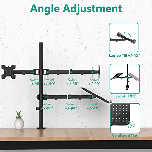 WALI Triple Arm Laptop and Dual Monitor Desk Mount for 17" Notebook and Up to 27" Screens, Extra Tall Adjustable Monitor Stand with Laptop Tray, VESA 75x75 100x100, Black (M002XLLP) - size: Triple, style: Adjustable Desk Mount