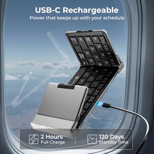 iClever Foldable Keyboard, BK08 Foldable Bluetooth Keyboard with Touchpad, Aluminum Build, USB-C Charge, Equipped with Stand Holder and Carrying Bag, Portable for Laptop, iPad, iPhone, Silver | Multi-Touch Trackpad, Pocket-Sized, Aluminum Build, 3-Device