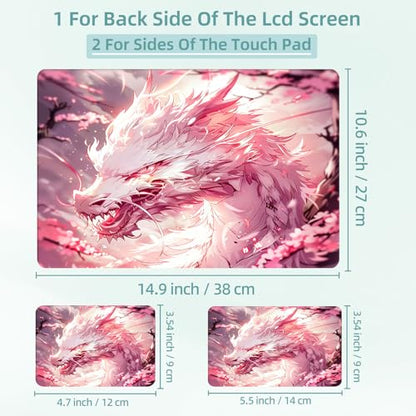 Universal Laptop Skin Decal, 3-Piece Vinyl Protector for 12 13 14 15.6" Notebook, Waterproof Anti-Scratch, Easy Trim & Bubble-Free Finish, White Dragon Pink Flowers - color: White Dragon Pink Flowers