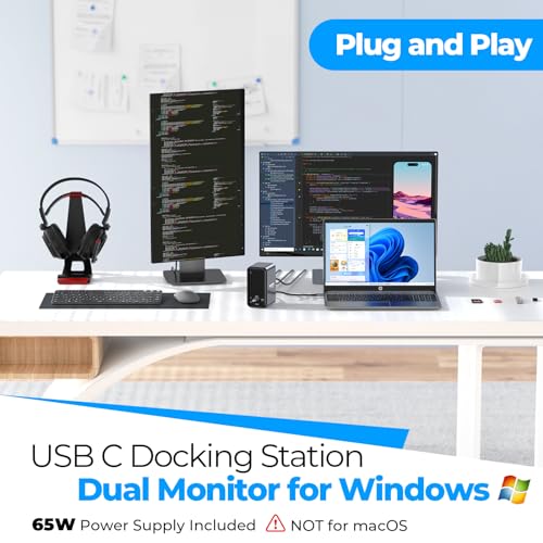 USB C Docking Station Dual Monitor 7 USB A/C, Plug and Play | 2 HDMI+VGA, SD/microSD, Ethernet, Audio, 65W Power Adapter, Laptop Docking Station for Windows Lenovo/HP/Dell, Home Office