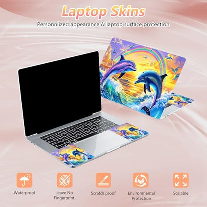 Laptop Skin Sticker Decal 12" 13" 13.3" 14" 15" 15.6",Waterproof Scratch Resistant Vinyl,Reusable Easy to Apply,for MacBook HP Dell Notebooks Netbooks Laptop,2 Wrist Pads,Dolphin Couple Rainbow - color: Dolphin Couple Rainbow