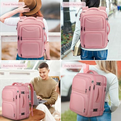Travel Backpack for Women, 52L Carry On Backpack, Extra Large Expandable Travel Bag, 18.4 Inch TSA Flight Approved Luggage Personal Item Size with, Teacher Business Daypack, Pink - color: Pink