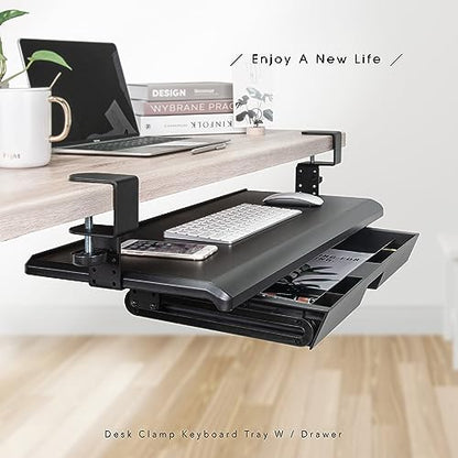 EHO Keyboard Tray with Drawer - Clamp On Under Desk Pull Out Extender Table Attachment Platform with Storage Organizer, Large 27.5" (31.8" Including Clamps) x 12.2", Height Adjustable for Home Office - size: 27.5 inch, style: keyboard tray platform with d