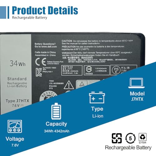 J7HTX Laptop Battery Replacement for Dell Latitude 7220 7202 7212 Rugged Extreme Tablet Series 7XNTR 02JT7D FH8RW 7.6V 34Wh 4342mAh - size: 4.28*2.51*0.54 inch J7HTX