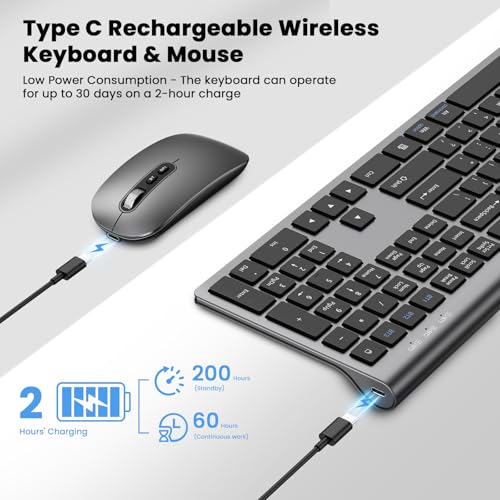 Rechargeable Wireless Bluetooth Keyboard and Mouse Combo, Full Size Silent Ergonomic Scissor Switch Keyboard and Optical Mouse Set, 2.4G Lag-Free Cordless Keyboard Mice for Computer,Mac,Laptop,PC-Grey