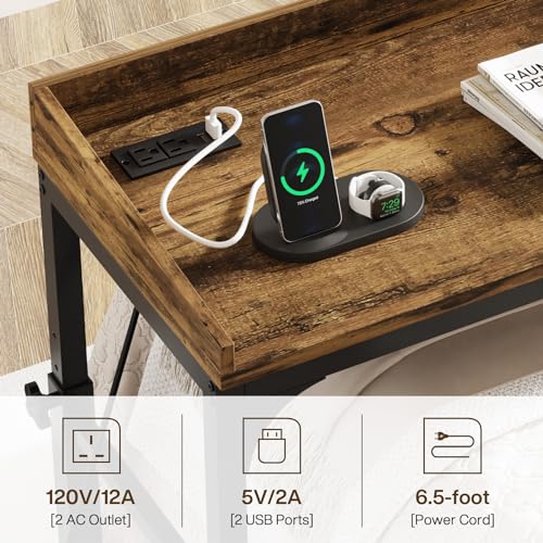 Tribesigns Height Adjustable Overbed Table with Wheels, Queen Size Over Bed Desk with Adjustable Tilt Stand, Mobile Laptop Cart Computer Desk with Outlets & USB Ports (Rustic Brown) - color: Rustic Brown