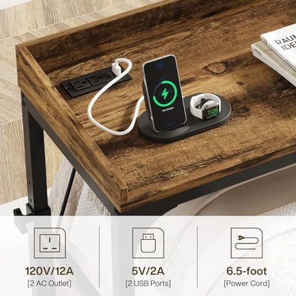 Tribesigns Height Adjustable Overbed Table with Wheels, Queen Size Over Bed Desk with Adjustable Tilt Stand, Mobile Laptop Cart Computer Desk with Outlets & USB Ports (Rustic Brown) - color: Rustic Brown