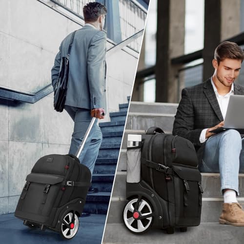 MATEIN Rolling Backpack for Men, Large Travel Backpack with Wheels, Black | 7.1 inch Big Wheels, Water Resistant, Anti Theft, Combination Lock, for 17" Laptops, Gift for Adult Commute Business College - color: Black