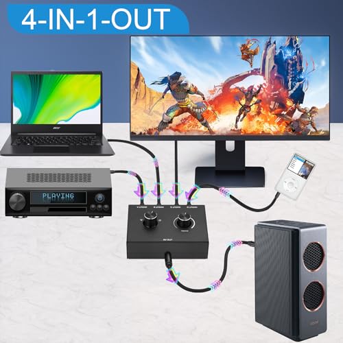 4 Way 3.5mm Stereo Audio Switch, AUX 3.5mm Audio Switch Audio Switcher Passive Speaker Headphone Manual Selector Splitter Box Audio Sharing (4/1 in -1/4 Out) - size: 4 Port