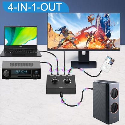 4 Way 3.5mm Stereo Audio Switch, AUX 3.5mm Audio Switch Audio Switcher Passive Speaker Headphone Manual Selector Splitter Box Audio Sharing (4/1 in -1/4 Out) - size: 4 Port