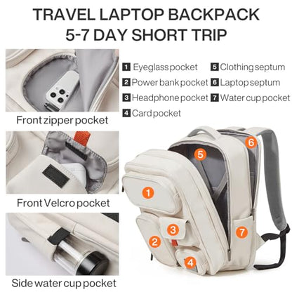 mixi Large Capacity Expandable Travel Backpack for Women & Men 15.6'' Laptop Carry On Weekender Bag Outdoor Hiking with Multifunction Pockets 180° Open Water Resistant 18 Inch 28L, Moonlight White - color: Expandable Moonlight White