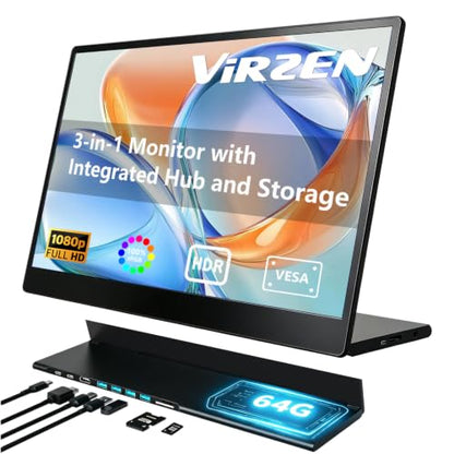 Portable Monitor 15.6 Inch 1080p Built-in Hub Docking Station 64G Storage Card IPS Display with Foldable Stand for Mac Windows, iPad,Smart Phone