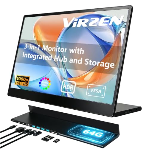 Portable Monitor 15.6 Inch 1080p Built-in Hub Docking Station 64G Storage Card IPS Display with Foldable Stand for Mac Windows, iPad,Smart Phone