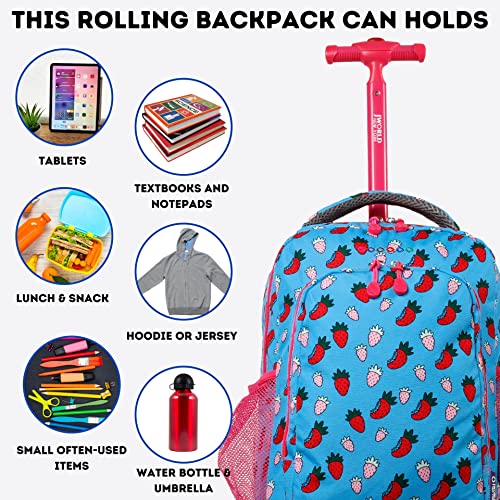 J World Sunny Rolling Backpack for Kids. Roller Bag With Wheels, Strawberry - color: Strawberry