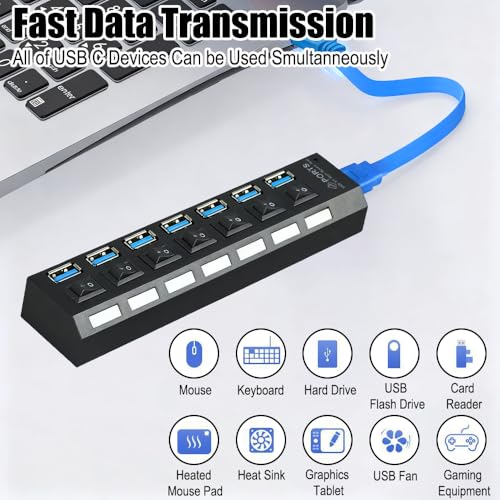 7-Port USB 3.0 Hub with Independent LED Switch, 5Gbps Data Transmission, Universal USB Extension Cable for Laptop, PC, Mac mini, iMac, Surface Pro - Durable PC Material, No Battery Required