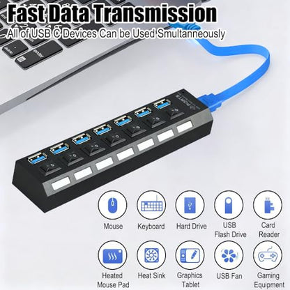 7-Port USB 3.0 Hub with Independent LED Switch, 5Gbps Data Transmission, Universal USB Extension Cable for Laptop, PC, Mac mini, iMac, Surface Pro - Durable PC Material, No Battery Required