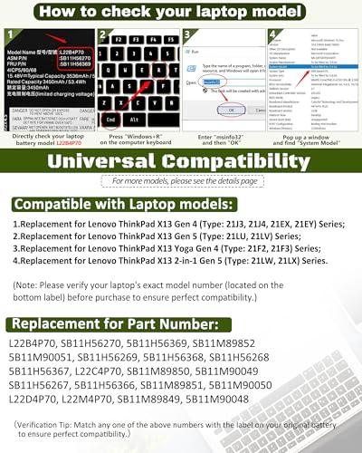 54.7Wh L22B4P70 L22C4P70 L22M4P70 for Lenovo ThinkPad X13 Gen 4,ThinkPad X13 Yoga Gen 4, ThinkPad X13 Gen 5, ThinkPad X13 2-in-1 Gen 5 Series – Parts Number L22D3P76 L22C3P74 L22M3P76 – 15.48V - size: 9.61*4.06*0.21 IN L22B4P70
