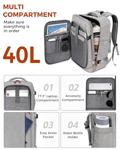 Vancropak Carry On Backpack for Airplanes, Flight Approved Travel Backpack | 3 Packing Cubes, Expandable 40L Luggage Suitcase Fits 17.3" Laptop, Shoe Compartment, Lockable Carry On Bag, mochila de viaje - color: Grey