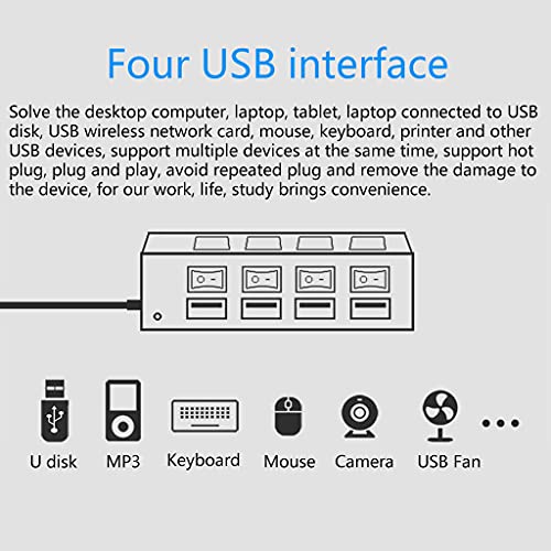 USB Hub 2.0, 4-Port USB Data Hub Splitter with Multiple Expander and Individual On/Off Switches for, Vista Splitter for Laptop with Switch