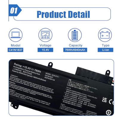 76Wh C41N1837 Laptop Battery for ASUS ROG Zephyrus GA502 GA502D GA502DU GA502GU GA502IV GU502 GU502GV GU502LU GU502LW GU502LV GX502LXS GX502GW GU532 GU532GU GU532GV GX532GV Series 0B200-03380100 - size: 11.32*3.61*0.32 inch C41N1837