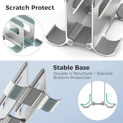 Aluminum Vertical Laptop Stand for Desk, Auto-Locking Adjustable Dock Holder with Dual Slots for Tablet & Phone, Space-Saving Upright Organizer Fits MacBook Pro/Air, Dell, HP, Chromebook (Silver)
