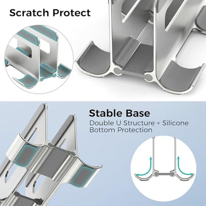 Aluminum Vertical Laptop Stand for Desk, Auto-Locking Adjustable Dock Holder with Dual Slots for Tablet & Phone, Space-Saving Upright Organizer Fits MacBook Pro/Air, Dell, HP, Chromebook (Silver)
