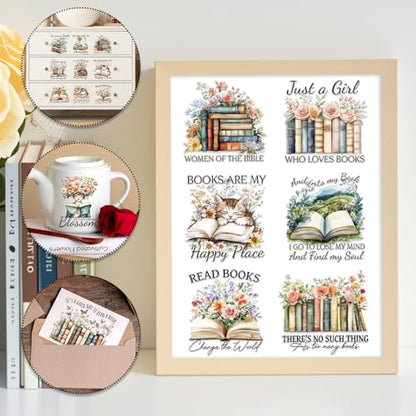 Rngmsi 20 Sheets Reading Books UV DTF Cup Wrap Cold UV DTF Transfer Sticker | Floral Waterproof Bookish UVDTF Decals, for 16 oz Glass Cups Mugs Water Bottles, DIY Crafts Book Lover - style: Reading Books