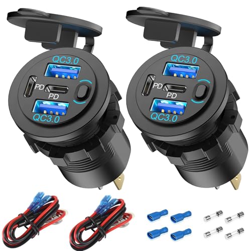 2 Pack 12V USB Outlet 4 Port Car Charger, 78W Super Fast Dual PD3.0 & QC3.0 Multiple USB Port for Car, USB C Cigarette Lighter Replacement 12 Volt Socket Waterproof for Marine Boat Motorcycle RV Golf - color: pack of two