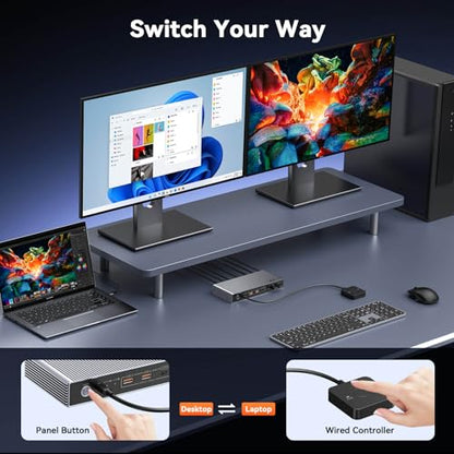 TobenONE KVM Switch 2 Monitors 2 Computers for Laptop & Desktop | Dual HDMI 4K@60Hz KVM Docking Station, EDID, 5 USB (Max 10Gbps), 100W PD, Wired Remote, for Home Office & Gaming