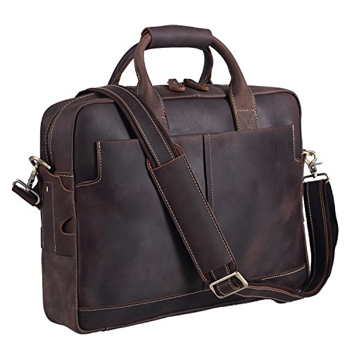 Polare Leather Briefcase for Men Business Travel Messenger Bags 15.6 Inch Laptop Bag YKK Metal Zipper - color: Dark Brown(updated Version)