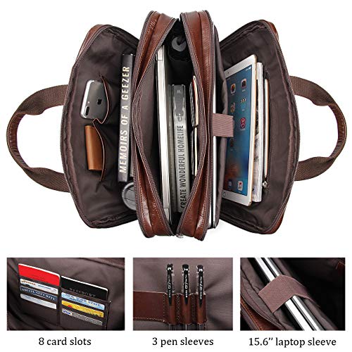 Leather Briefcase for Men, 15.6 Inch Laptop Business Travel Bag | 100% Full Grain Leather | YKK Zipper | Fits 15.6" Laptop | 8 Card Slots + 3 Pen Sleeves | Detachable Strap & Trolley Sleeve - color: Coffee-1