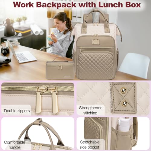 Otevan Lunch Backpack for Women, 15.6 inch Laptop Backpack, Work & Travel Backpack with Insulated Lunchbox Cooler - color: Beige/Kakhi