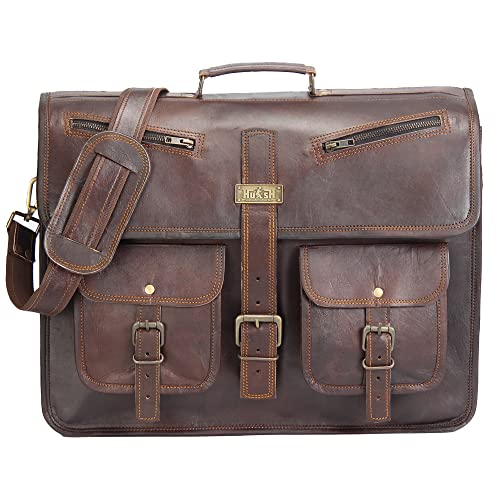 Leather Messenger Bag for Men and Women 18 Inch | Best Laptop Briefcase Satchel Computer Bag with Adjustable Strap - color: Brown