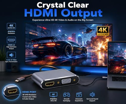 4-in-1 USB C to HDMI VGA Adapter Hub with 4K HDMI, 1080P VGA, USB 3.0 Port & OTG Adapter for MacBook Pro/Air, iPad Pro, Dell, Lenovo, Samsung Galaxy & USB-C Devices