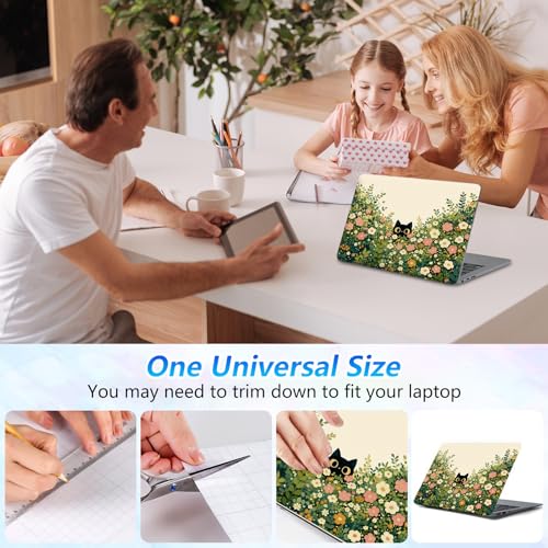 Universal Laptop Skin Sticker Decal with 2 Wrist Pad Skins, Waterproof Scratch Vinyl Cover for 11–15.6 Inch MacBook, HP, Dell, Lenovo, Cutable & Reusable,Black Cat Hiding Flowers - color: Black Cat Hiding Flowers