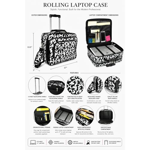 World Traveler Rolling 17-Inch Laptop Briefcase Computer Case - Black Trim Damask - color: Black Trim Damask