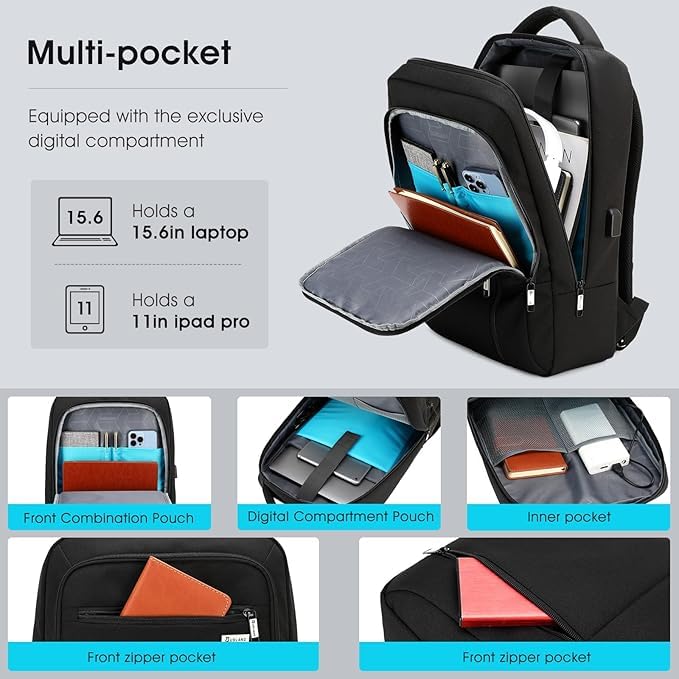 15.6 Inch Laptop Backpack for Travel Water Resistant College Backpack for Men Women Laptop Bag with USB Charging Port Business Backpack,Black