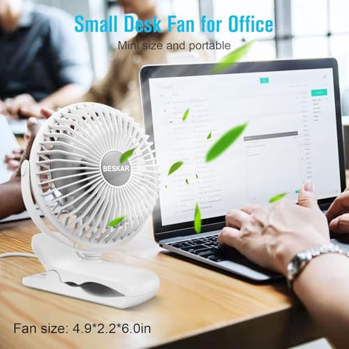 BESKAR Clip on Fan, 360° Rotation Quiet Stroller Fans with Strong Airflow,3 Speeds, Portable Small Fans with Sturdy Clamp,Perfect Personal Cooling Fan for Office Table Bedroom Kitchen - color: White