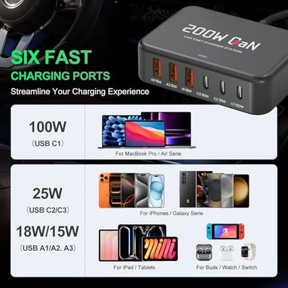 Multi Ports USB Laptop Car Charger, Fast Charge 200w PD3.0 Adapter Compatible with MacBook pro/Lenovo Thinkpad/Dell inspiron/Surface Pro/HP, Cell Phones Tablets and Other USB Devices