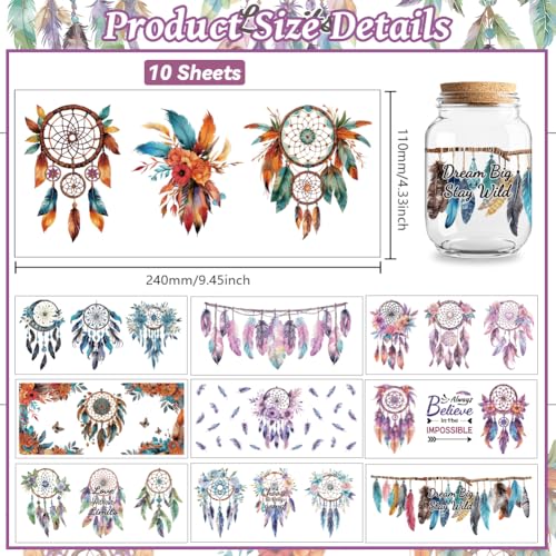 Bohemian Feathers UV DTF Cup Wraps, 10 Sheets Transfer Sticker | Waterproof UV DTF Stickers, Custom Vinyl Decals for 16oz Coffee Cups Tumblers Bottles Mugs, DIY Gifts & Crafts - style: Bohemian feathers