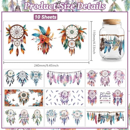 Bohemian Feathers UV DTF Cup Wraps, 10 Sheets Transfer Sticker | Waterproof UV DTF Stickers, Custom Vinyl Decals for 16oz Coffee Cups Tumblers Bottles Mugs, DIY Gifts & Crafts - style: Bohemian feathers