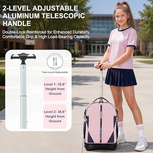 NEW TILAMI 18 Inch Expandable Rolling Backpack Stair-Climbing for School | 6-Wheel Stair-Climbing Girls Boys Carry-on Suitcase 15.6 Laptop Sleeve Water-Resistant Adjustable Handle Wheel Travel Camping - color: Pink