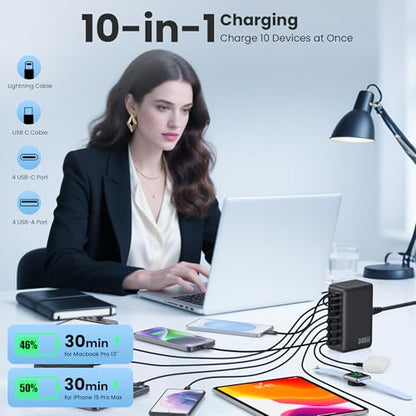 345W USB C Charger 10 in 1 Retractable Wall Charger with 2 Cables,GaN 6 USB C Charging Station Phone Charging PD Laptop Charger Adapter for MacBook Pro/Air,DELL,iPhone17/16/15,Galaxy S24,Android etc - color: Black, size: 345W