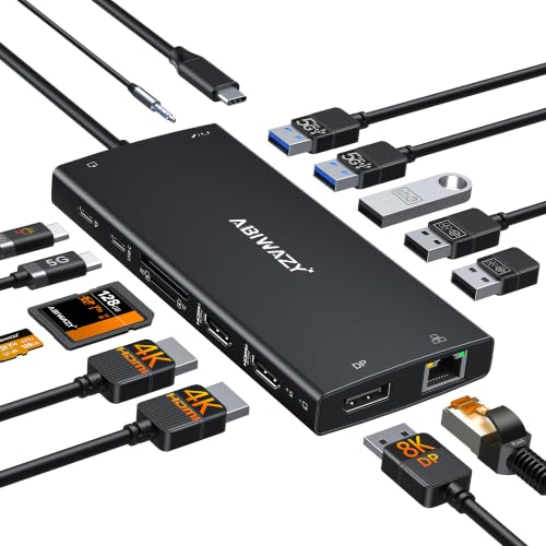 Laptop Docking Station Dual Monitor, 15 in 1 Docking Station 3 Monitors | ABIWAZY USB C Hub to Dual 4K@60Hz HDMI, DP 8K, 100W PD, USB-C to Ethernet and SD/Micro SD, 6 USB A/C Ports, Screen Button - color: Black, size: 15-in-1