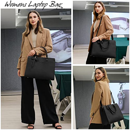 RAINSMORE Laptop Bag for Women 15.6 Inch PU Tote Bag Business Office Work Bag Waterproof Briefcase Computer Tote Lightweight Handbag Shoulder, Black - color: Black
