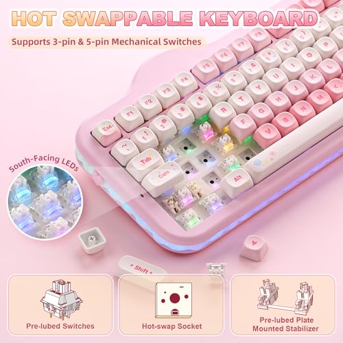 YUNZII C98 Wireless Mechanical Keyboard with Number Pad,99 Key BT5.0/2.4G/USB-C Hot Swap Gasket Mount with PBT MOA Keycaps,Custom RGB,Cute Cake Keyboard for Win/Mac (Pink, Milk V2 Linear Switch) - color: Pink, size: Milk V2 Linear Switch