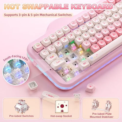 YUNZII C98 Wireless Mechanical Keyboard with Number Pad,99 Key BT5.0/2.4G/USB-C Hot Swap Gasket Mount with PBT MOA Keycaps,Custom RGB,Cute Cake Keyboard for Win/Mac (Pink, Milk V2 Linear Switch) - color: Pink, size: Milk V2 Linear Switch