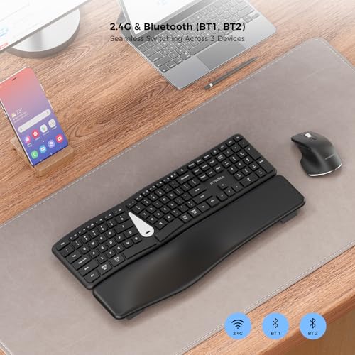 Ergonomic Keyboard Mouse Wireless Combo, Full Size Bluetooth Split Keyboard with Wrist Rest, 4 Level DPI Ergo Mouse for Windows Mac OS Computer, Black - color: Black
