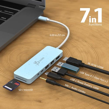j5create USB-C Multi-Port Hub with Power Delivery with 4K HDMI/2 USB-A 5Gbps/PD 100W Charging SD&Micro SD/3.5mm Audio | for MacBook Pro&Air/iPad Pro/iMac/Surface/XPS/Thinkpad/Galaxy/and More(JCD373EC) - color: Fresh Cyan